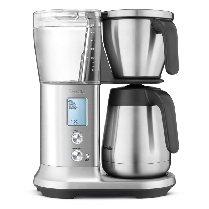 Breville Precision Brewer Thermal in brushed stainless steel, with a water tank on the left and a thermal carafe under the brew basket